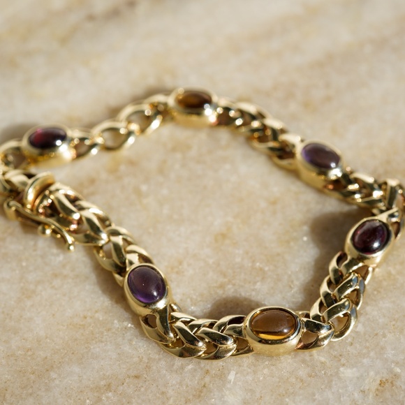 Rare Vintage Estate Fancy Woven 14K Oval Cabochon Gemstone Bracelet Unisex - Picture 5 of 6